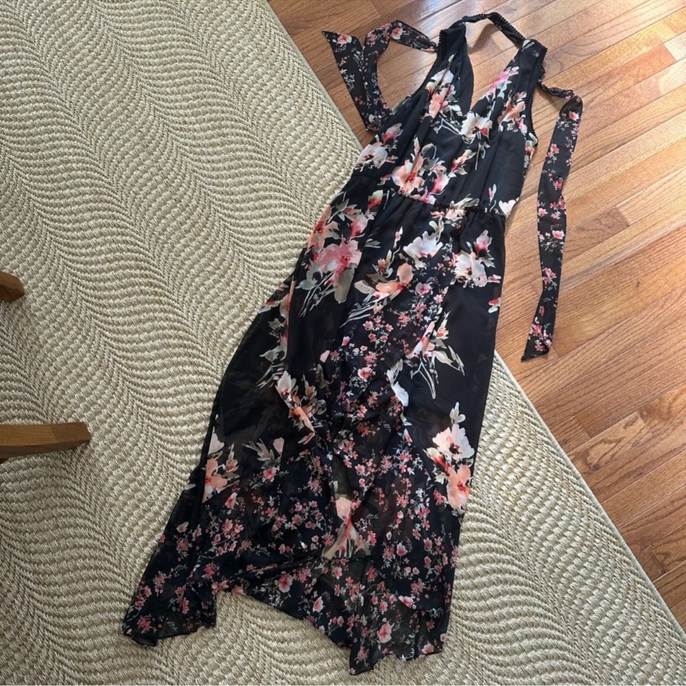 Sleeveless Neck Tie High Low Wrap Floral Dress